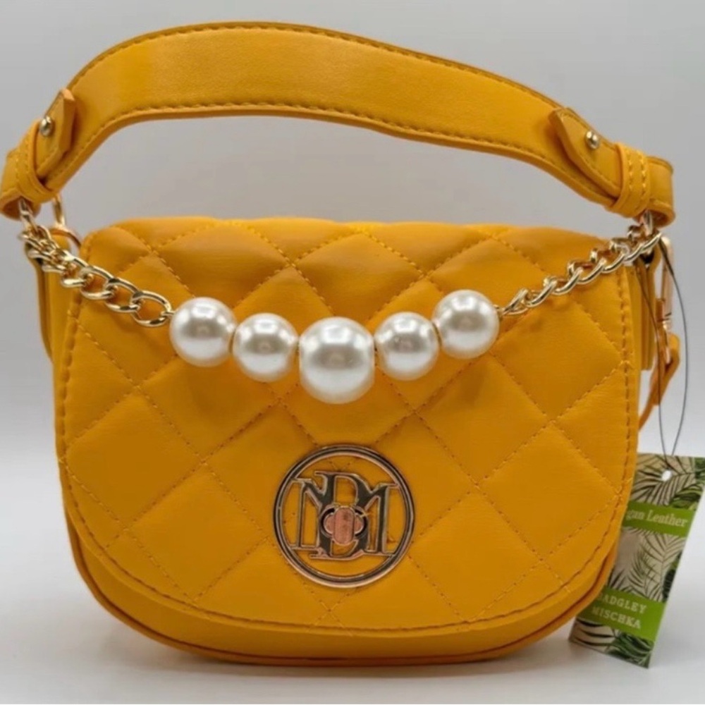 NWT Badgley Mischka Yellow Quilted Pearl-Accent Crossbody Bag With Scarf